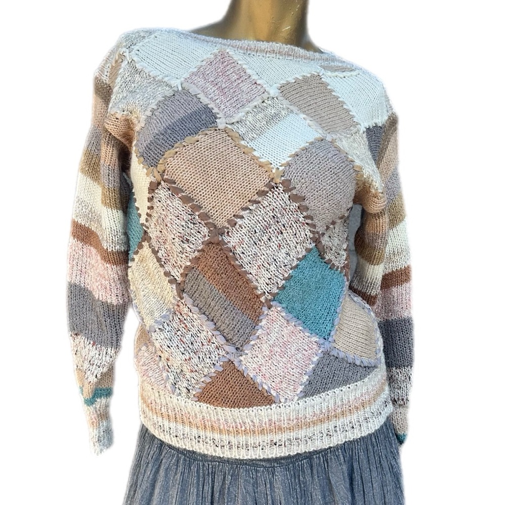 NWT Vintage Mariea Kim Acrylic/Nylon Patchwork woven knit pullover Sweater, M